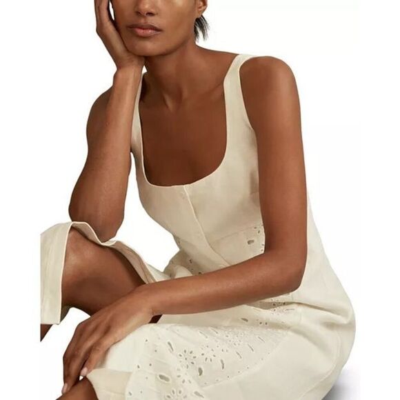 Reiss Women's Ivory Clarice Linen Broderie Midi Dress Size 10 NWOT - Picture 3 of 11